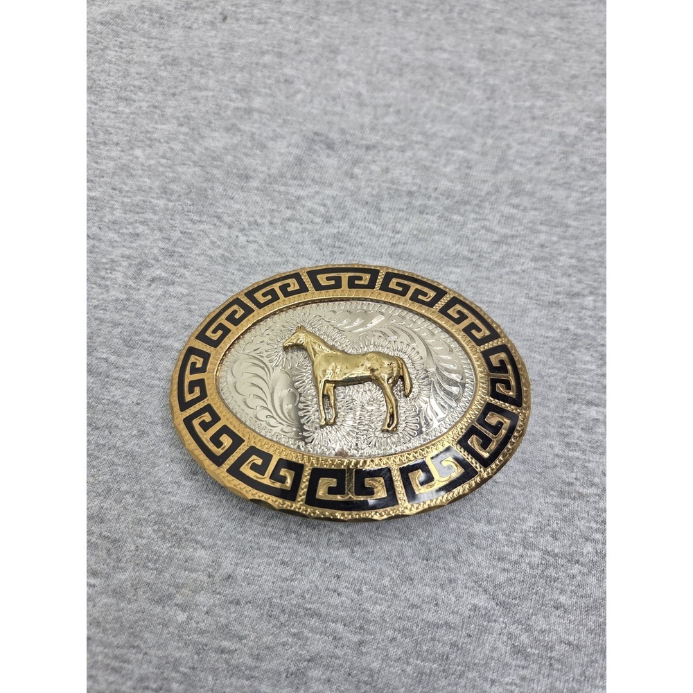 Vintage Handmade DT Stallion Rodeo Southwest Black Enamel Solid Belt Buckle Men